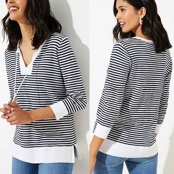 Loft Stripe Tasseled Tie Neck Tunic Blue and White Striped Sweater Size Medium - Picture 1 of 10